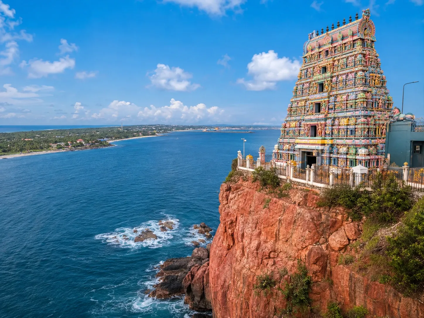 Koneswaram Hindu temple on the red cliff above the harbour at Trincomalee, east coast of Sri Lanka