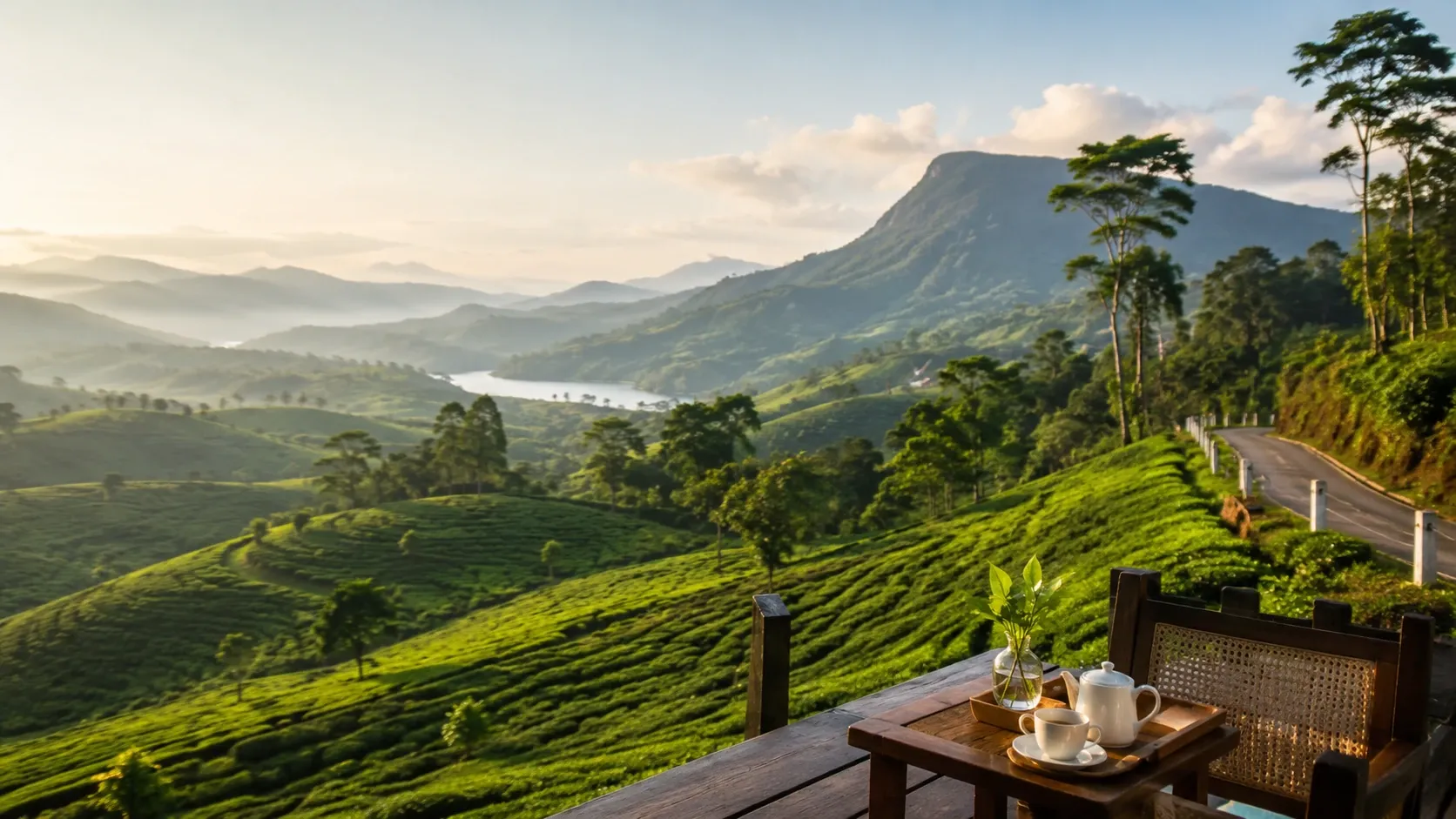 Tea set on a wooden terrace overlooking misty tea-covered hills and a reservoir at sunrise in the Sri Lankan highlands